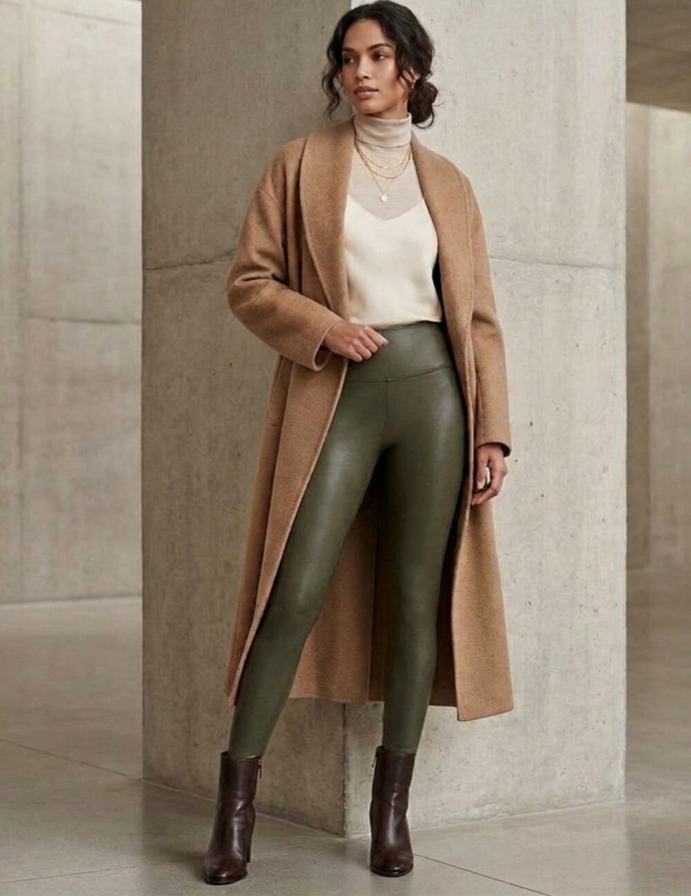 Spanx Faux Leather Leggings. Size L. Olive Green